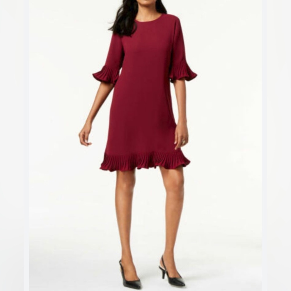 Alfani size 12 burgundy color polyester flounce dress with lining and zip back